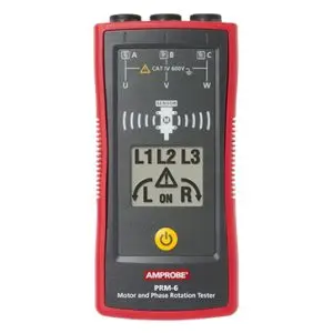 Red Amprobe PRM-6 motor and phase rotation tester showing L1 L2 L3 indicators and the power button.