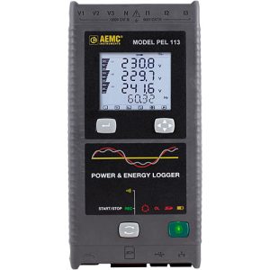 AEMC Power & Energy Logger Model PEL 113 with display showing voltages, current, and frequency; control buttons beneath the screen.